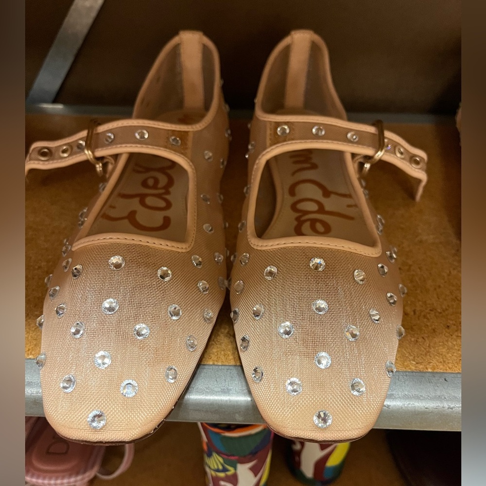 Sam Edelman Nude Crystal-Embellished Mary Jane Flats